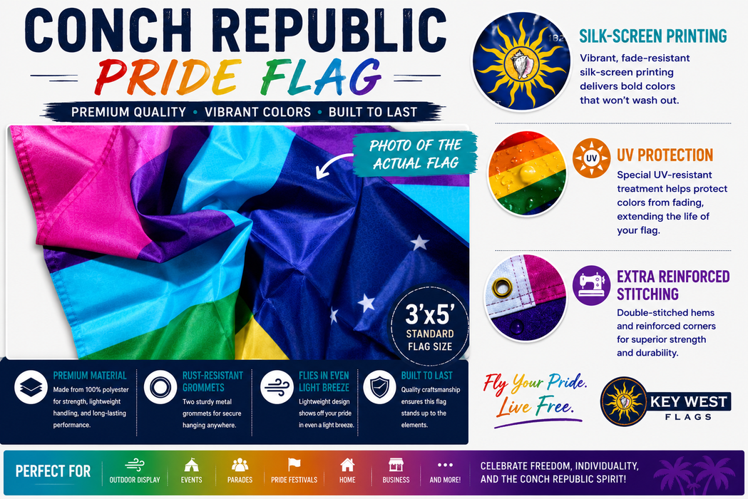 Conch Republic Rainbow Pride LGBTQ Gay Lesbian Single-Sided Silk Screen Printed Flag from Key West, Florida