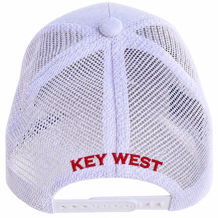 Key West High School KW Fighting Conchs Trucker/Sports/Baseball Cap, Crimson/Gray/White with Conch Republic Flag Patch, and Premium Conch Shell Embroidery