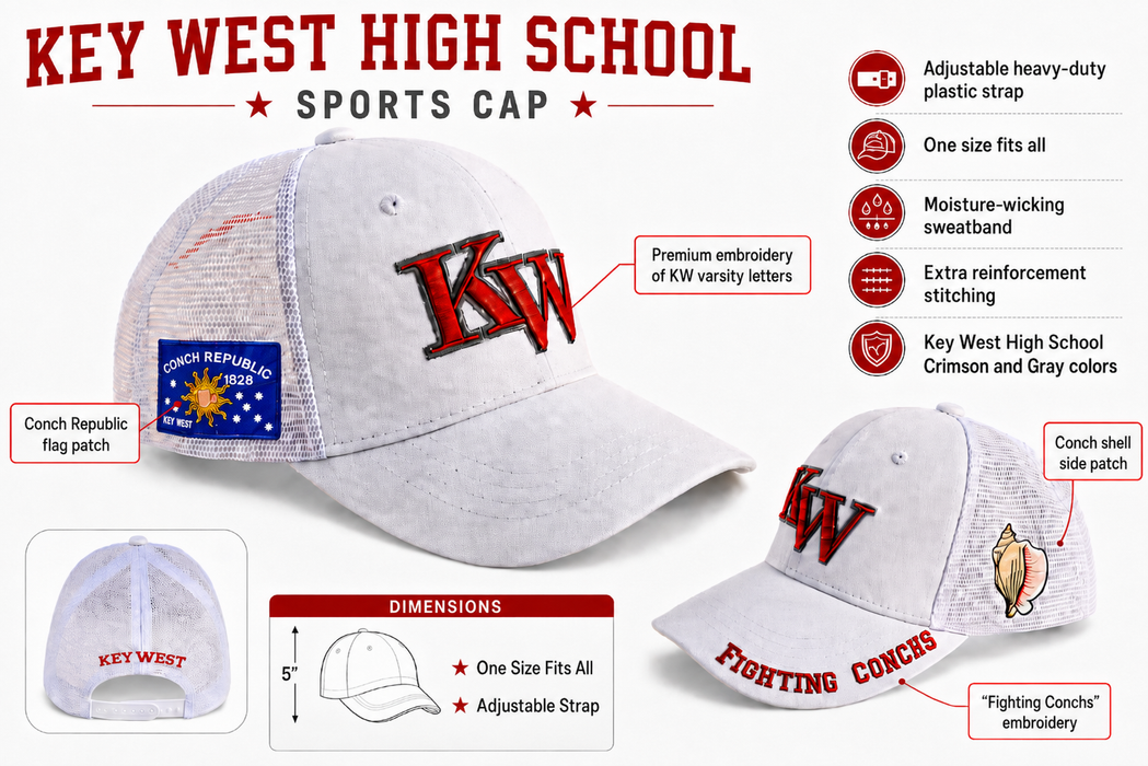 Key West High School KW Fighting Conchs Trucker/Sports/Baseball Cap, Crimson/Gray/White with Conch Republic Flag Patch, and Premium Conch Shell Embroidery
