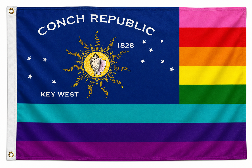 Embroidered Double-Sided Conch Republic Rainbow Pride LGBTQ Gay Lesbian Flag with Canvas Header from Key West, Florida