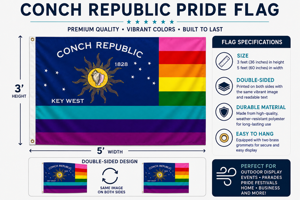 Embroidered Double-Sided Conch Republic Rainbow Pride LGBTQ Gay Lesbian Flag with Canvas Header from Key West, Florida