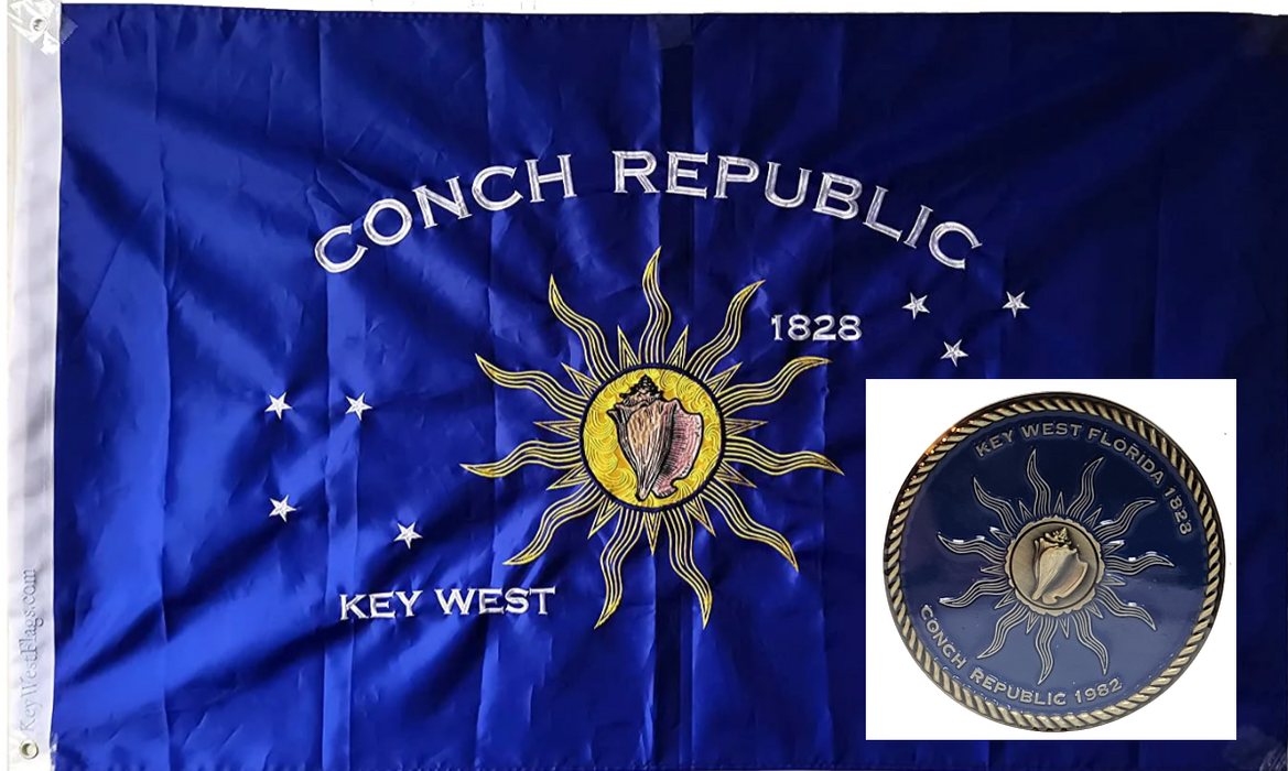 Commemorative Limited-Edition Combination: A Numbered Commemorative Conch Republic Coin together with a Signed 3ft. x 5 ft. Embroidered Key West Conch Republic Double-Sided Heavy-Duty 300D 100% Nylon Flag