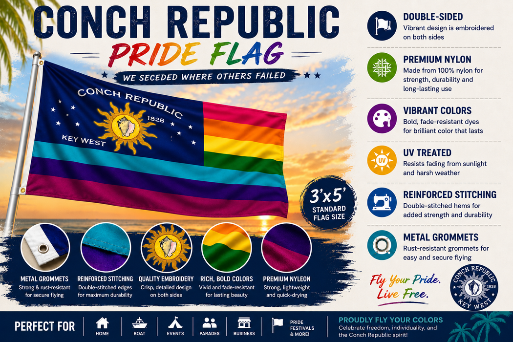 Embroidered Double-Sided Conch Republic Rainbow Pride LGBTQ Gay Lesbian Flag with Canvas Header from Key West, Florida