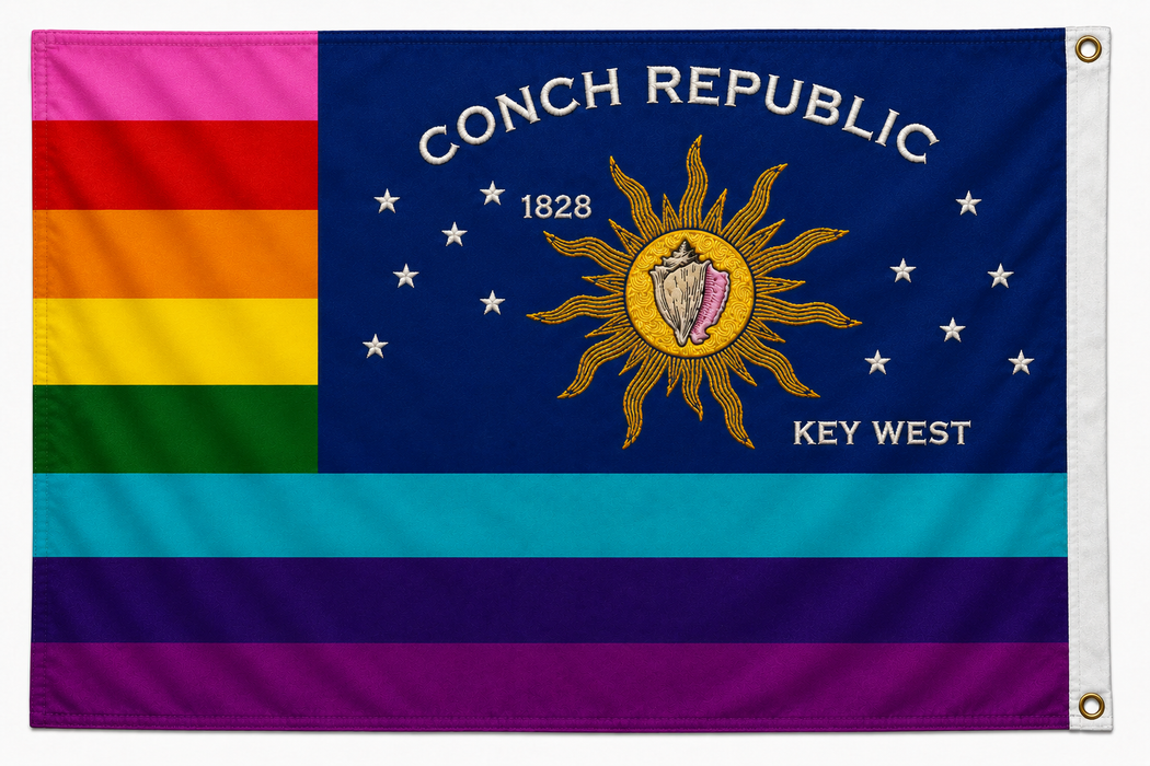 Embroidered Double-Sided Conch Republic Rainbow Pride LGBTQ Gay Lesbian Flag with Canvas Header from Key West, Florida